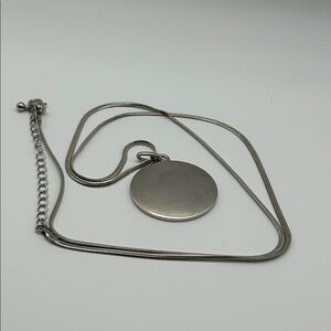 Round Disk Pendant Necklace 31" Long Chain Adjustable Silver Tone Fashion